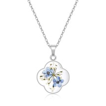 Four Leaf Clover Necklace for Women Forget Me and Queen Anne&#39;s Lace Pres... - $40.23