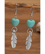 Silvery Turquoise Heart Shape Alloy Feather Drop Earrings - $5.37 CAD