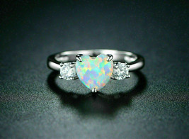 1.50Ct Heart Cut Fire Opals Three Stone Engagement Ring 14K White Gold Finish - £118.90 GBP