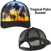 Photo Realistic Trucker Hat Tropical Palm Sunset Snap Mesh Back Baseball Cap - £12.02 GBP