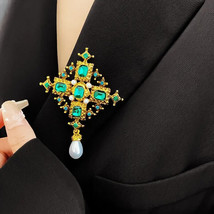Vintage Cross Brooch Geometric Green Crystal Pearl Pendant Jewelry Accessories - £7.95 GBP