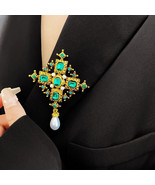 Vintage Cross Brooch Geometric Green Crystal Pearl Pendant Jewelry Acces... - £7.86 GBP