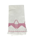 Vintage Hand-Embroidered Tea Towel White with Pink Stitching - $8.91