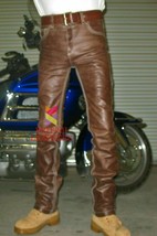 30&quot; Men&#39;s Real Cowhide Leather Jeans Brown Levi&#39;s Pants Trousers Biker L... - £55.94 GBP