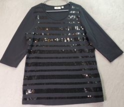 Quacker Factory Shirt Top Women Large Black Sequin Cotton Long Sleeve Round Neck - £17.60 GBP
