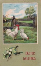 Easter Greetings Postcard Rooster Hen Fence - £2.38 GBP