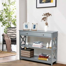 Console Table 3-Tier with Drawer and Storage Shelves-Gray - £108.81 GBP