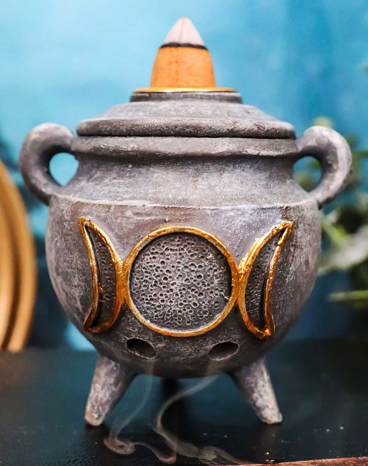 Witchcraft Wicca Triple Moon Goddess Cauldron Backflow Incense Holder Fi... - $16.99