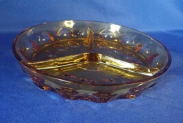 Vintage Amber Indiana Glass Divided 3 Section Relish Dish Thumbprint Round - £17.15 GBP