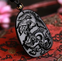 natural Obsidian stone Hand carved  dragon Phoenix Amulet charm pendant ... - $14.84