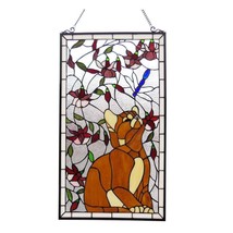 Tiffany Style Cat and Dragonfly Design Window Panel Multi Color Animals Glass - $189.08