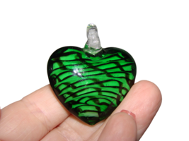 Heart Shaped Lampwork Glass Art Pendant Charm Necklace Green Black Swirl Design  - £7.68 GBP