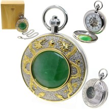 Mechanical Pocket Watch Silver Skeleton 17 Jewels Jade Cover 50 mm with Chain 87 - £31.37 GBP