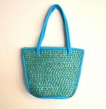 Turquoise Blue Sequin Small Tote Woven Palm Leaf Purse by Silly Sarongs - £17.38 GBP