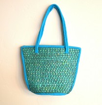 Turquoise Blue Sequin Small Tote Woven Palm Leaf Purse by Silly Sarongs - $22.00