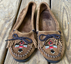 Minnetonka Thunderbird Suede Moccasins Brown Womens  7 Loafers Beaded Fr... - $14.84