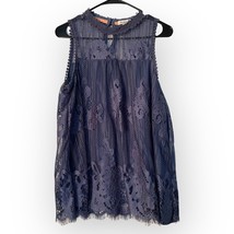 Skylar &amp; Jade Sleeveless Top Size Medium Blue Lace High Neck Lined Blouse Womens - £11.54 GBP