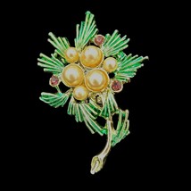 Vintage Gold-Tone Pine Bough &amp; Pearl Brooch Pin Green Enamel Red Rhinest... - $18.00