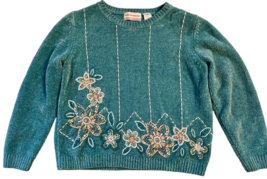 Womens Petite Med Alfred Dunner Knit Embroidered Pullover Teal Floral Sw... - £9.41 GBP