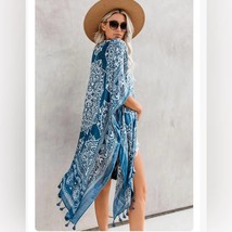 Blue Anja Paisley Like Print Tassel Kimono One Size - $44.55