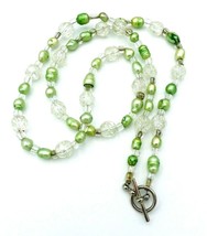 Lime Green Cultured Freshwater Pearl Crackle Glass Bead Necklace 22&quot; - £15.82 GBP