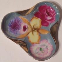 Japan Porcelain Candy Dish Vintage Hand Painted Flowers Tri Corner - £11.06 GBP