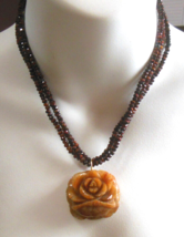 Vintage Triple Strand Tiger’s Eye Bead W/Carved Rose Stone Pendant Neckl... - $64.35