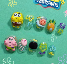 Handmade pearl nails,Spongebob Freehand nails,original design nails,unique - £53.76 GBP