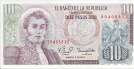 Colombia 10 Pesos oro P 406f   1979 UNC  Banknote # 9 - $5.20