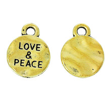 4 Quote Charms Antiqued Gold Love &amp; Peace Round Tag Pendants Word Circle - £2.80 GBP