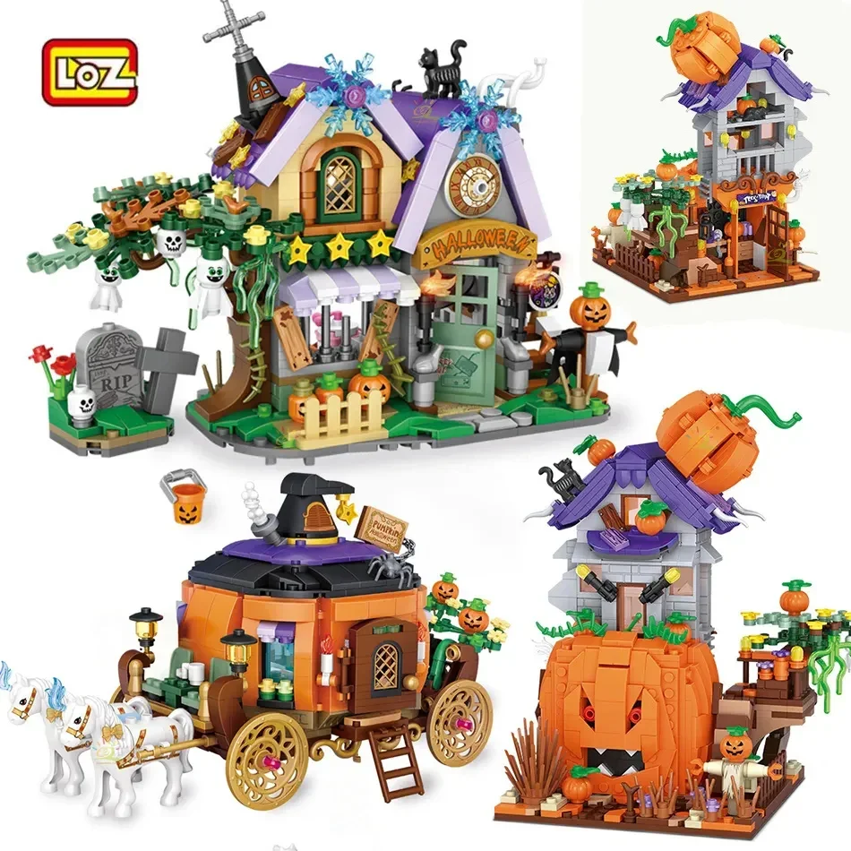 LOZ Halloween Scene Villa Pumpkin House Model Carriage Assembled Building Blocks - £43.59 GBP