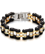 Stainless Steel Mens Bike Chain Bracelet: Two-Tone Polished Finish - £37.26 GBP+
