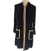 Vtg Black Velvet  Dress Coat Gold Trim Pockets Zipper down front 60s 70s... - $52.57