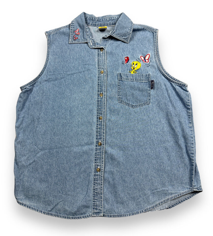 Primary image for Vtg 90s Looney Tunes Tweety Butterfly Sleeveless Womens Tank Top Denim 48” Bust