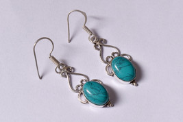 Rhodium Polished Handcrafted Oval Turquoise Beautiful Earrings For Women Gift - £24.05 GBP