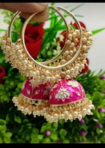 Bollywood Indian Pearl Enameled jhumka Jhumki Earrings Pink Bridal Jewelry Set - £22.64 GBP
