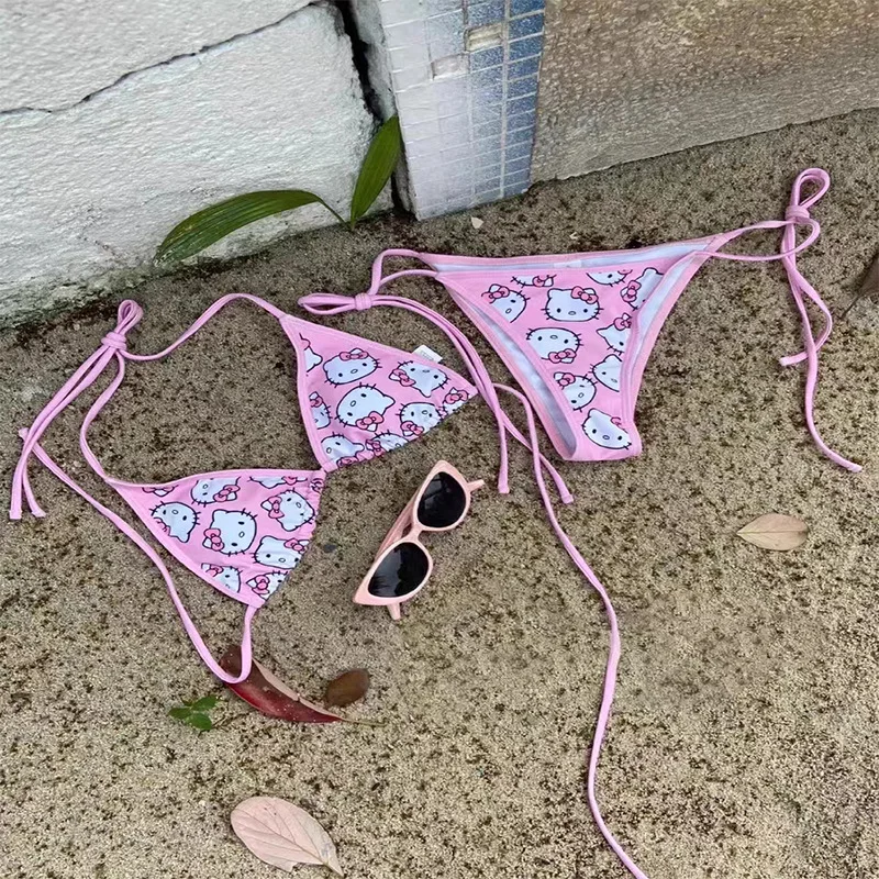 2Pcs Sanrio Hello Kitty Bikini Set Cute Cartoon Y2K Summer Beach Soft Side - £12.67 GBP