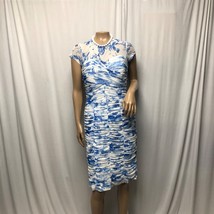 Vicky Tiel Ruched Floral Dress Womens Size Medium Blue White Sweetheart Cocktail - $48.99