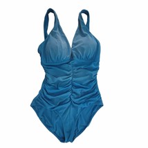 Jantzen Women&#39;s Blue Ruched 1-Piece Swimsuit 14 Plunging Neckline High Rise Legs - £15.58 GBP