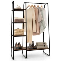 Industrial Wood Metal Garment Rack Clothes Hanging Bar with Storage Shelves - £115.09 GBP