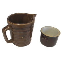 Stoneware Pottery Brown Glaze Ribbed Pitcher 5&quot; and Cup Made In The USA Vintage - £13.05 GBP