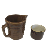 Stoneware Pottery Brown Glaze Ribbed Pitcher 5&quot; and Cup Made In The USA ... - £13.05 GBP