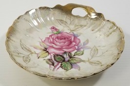 Decorative Pink Floral Scalloped Candy Bowl Trinket Dish Gold Tone Rim - £6.30 GBP