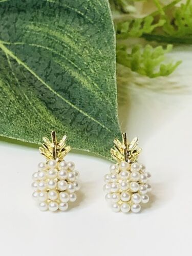 Primary image for Cute Pineapple Pearl Stud Earrings, Women's Jewelry, Great Gift, Gold Tone New