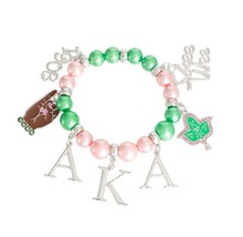 Women&#39;s Pink Green Pearls 1908, Hand Sign, Ivy Leaf, AKA Charms Stretch Bracelet - £33.79 GBP