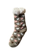 Warm Fuzzy Cozy Socks Thermal Fleece-lined Knitted Non-skid Crew Brown w Hearts - £8.37 GBP