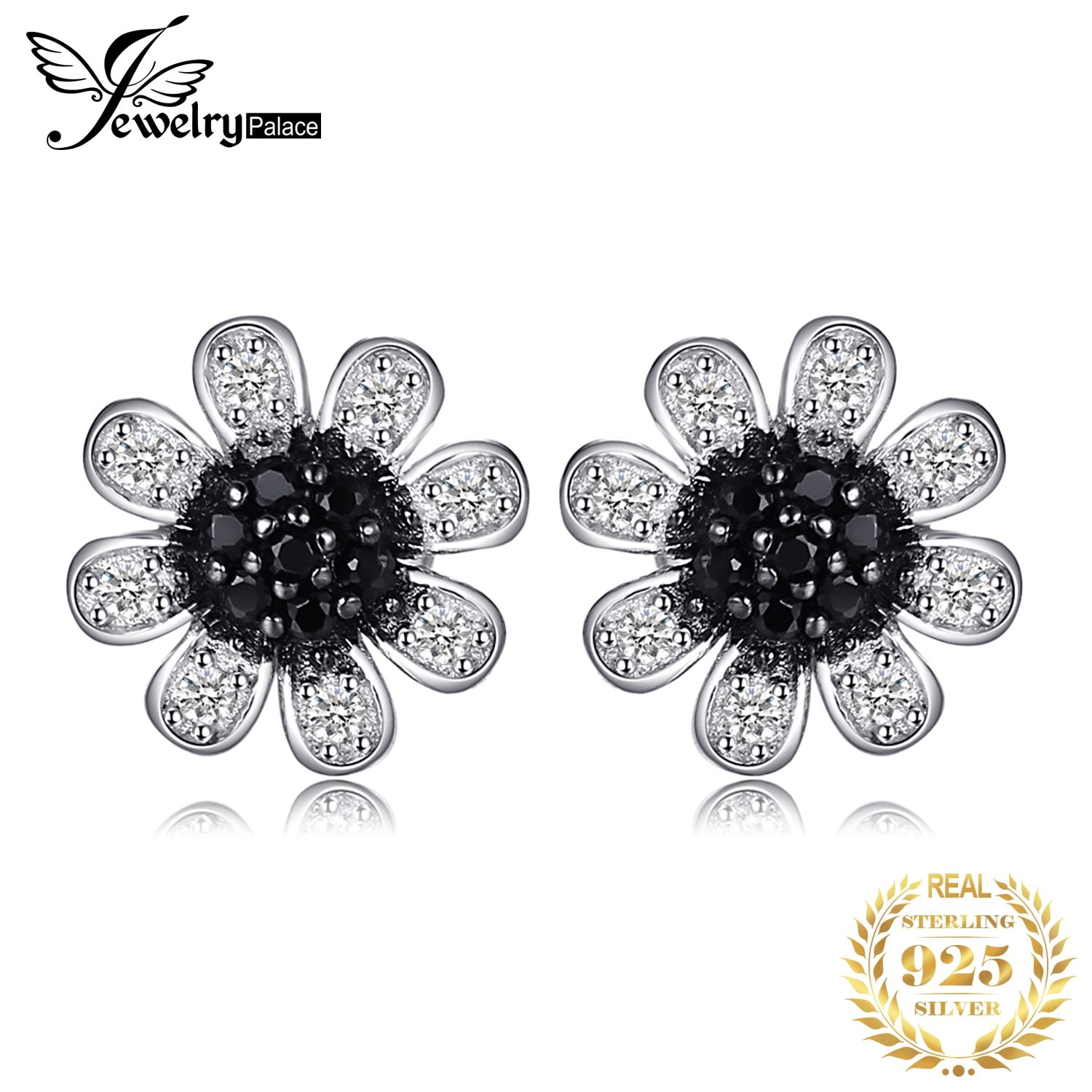 JewelryPalace Flower Natural Black Spinel 925 Silver Stud Earrings for Women Gem - £16.77 GBP