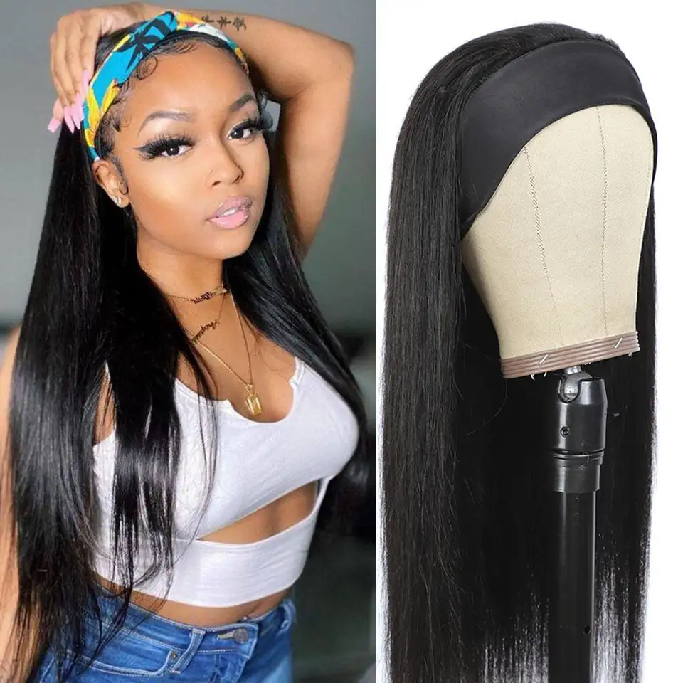 Glueless Straight Headband Wig Remy Human Hair 150% Density Brazilian Hu... - $50.40+