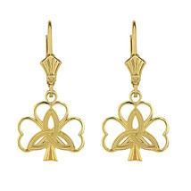 14k Real Yellow Gold Clover Triquetra Irish Celtic Disc Leverback Earrings - £220.48 GBP
