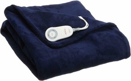 Sunbeam Fleece Heated Throw Navy Blue Electric Blanket Heat Warm Soft - $56.99